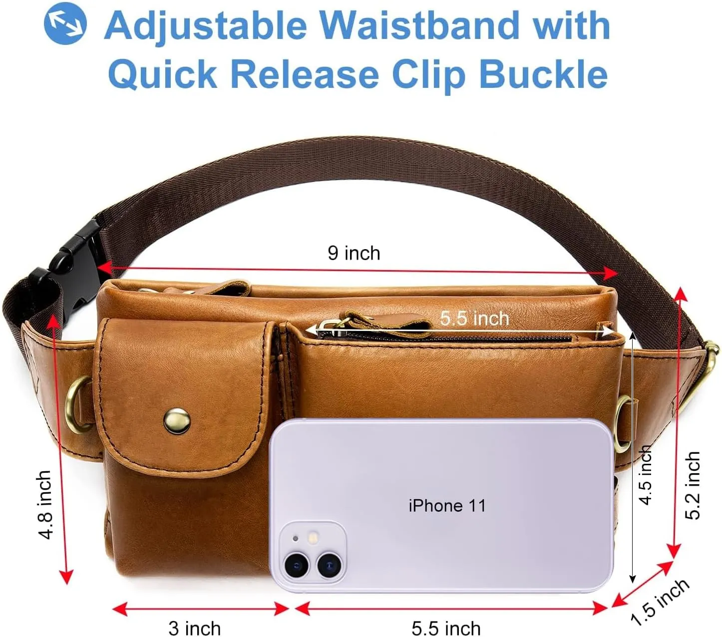 NIUCUNZH Cowhide Waist Fanny Pack-Genuine Leather and Slim with Adjustable Waistband Brown