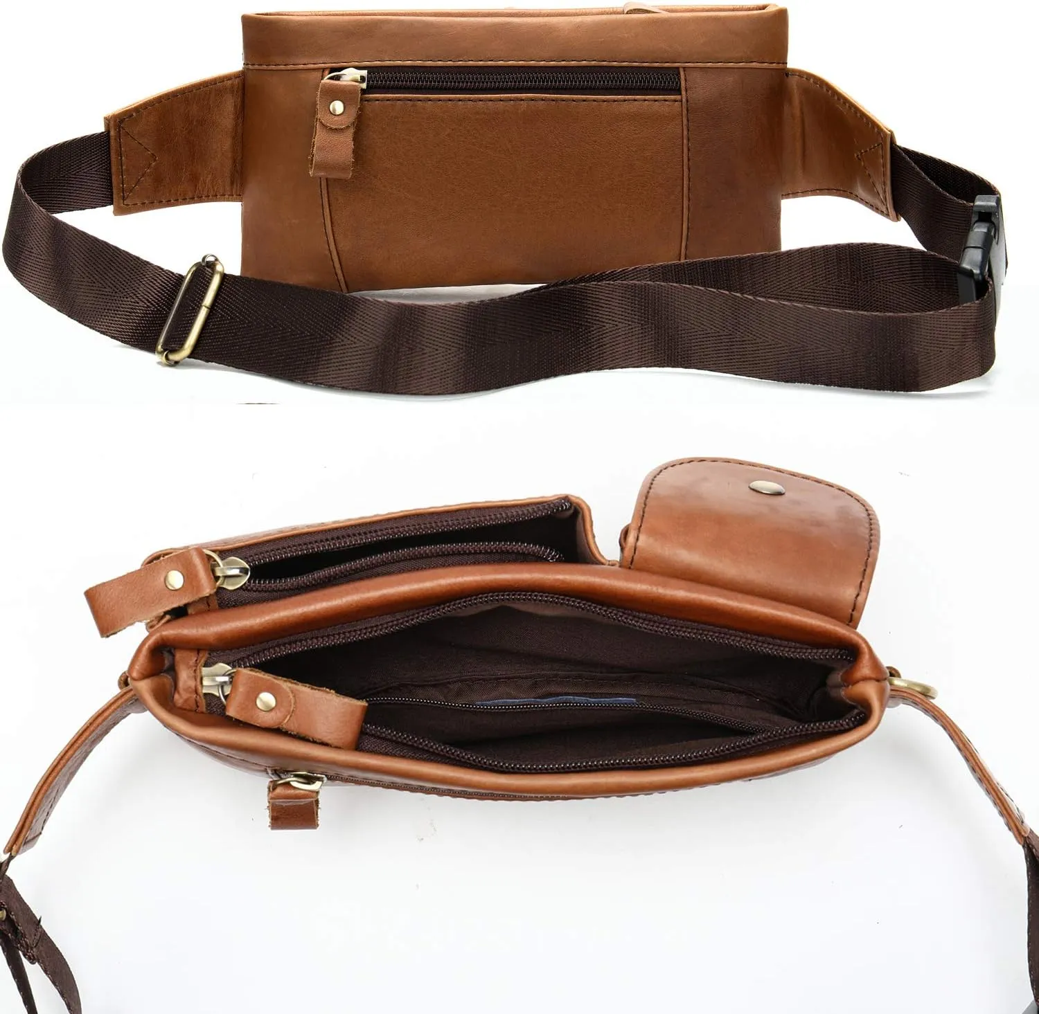 NIUCUNZH Cowhide Waist Fanny Pack-Genuine Leather and Slim with Adjustable Waistband Brown