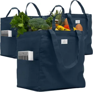 Nook Theory 3 Pcs Reusable Grocery Bags - Heavy Duty Canvas Bags, Large Reusable Shopping Bag, Picnic, 100% Cotton (Deep Blue)