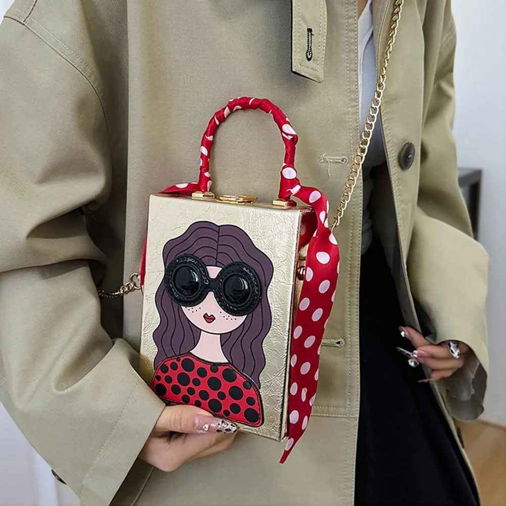 Novelty Unique 3D Lady Face Box Shaped Handbag, PU Leather Top Handle Shoulder Bag, Funky Fashion Crossbody Satchel Purse