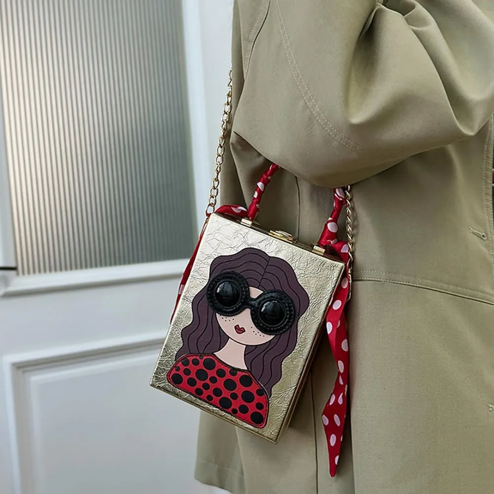 Novelty Unique 3D Lady Face Box Shaped Handbag, PU Leather Top Handle Shoulder Bag, Funky Fashion Crossbody Satchel Purse
