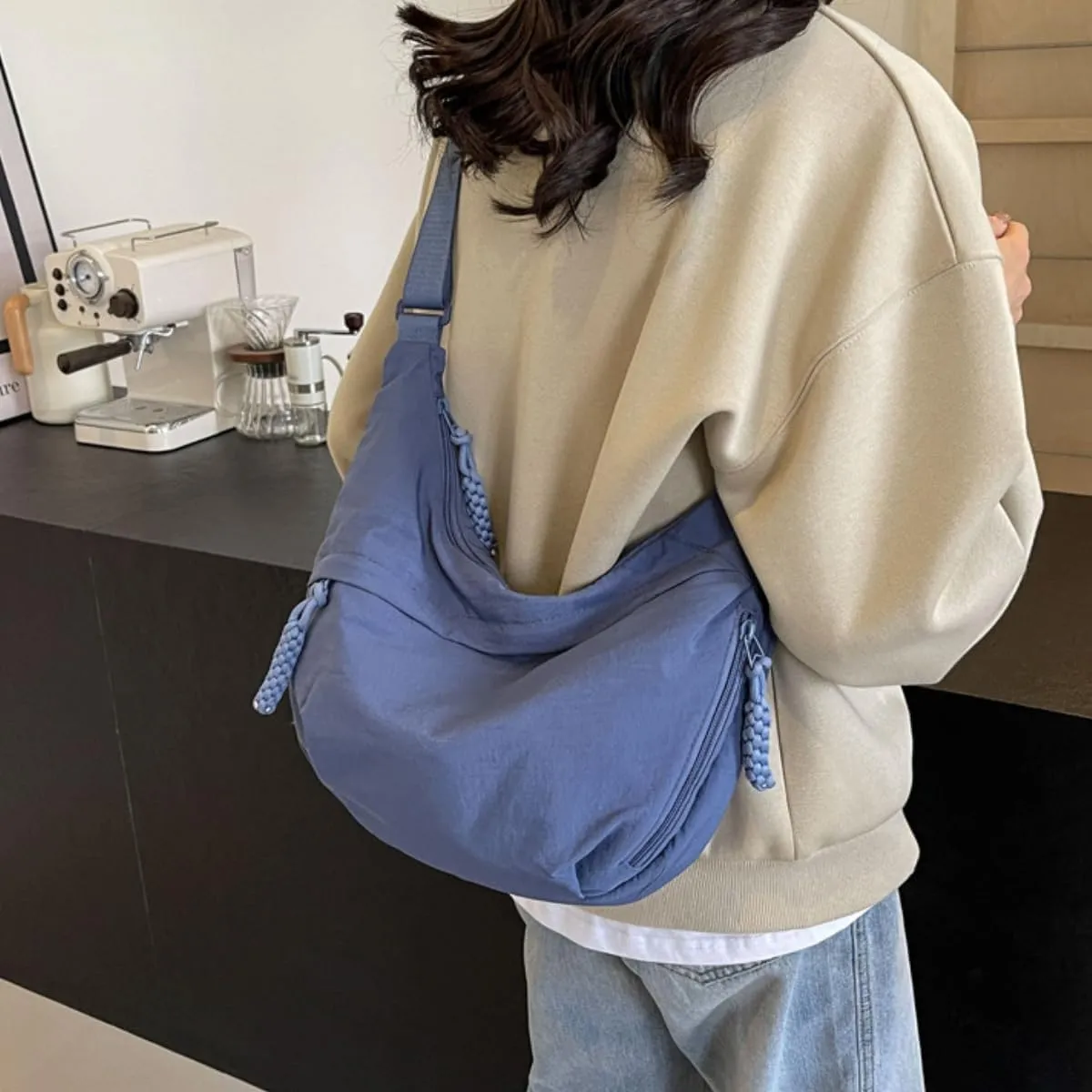 Nylon Crossbody Bags for Women Nylon Crescent Bag Casual Slouchy Shoulder Bags Dumpling Bag with Multi-Pockets