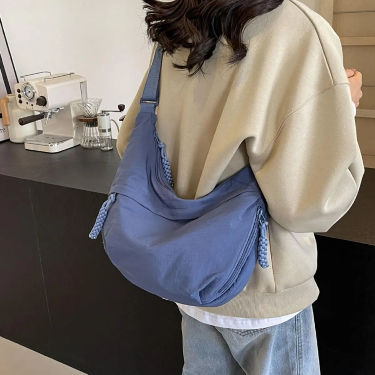 Nylon Crossbody Bags for Women Nylon Crescent Bag Casual Slouchy Shoulder Bags Dumpling Bag with Multi-Pockets