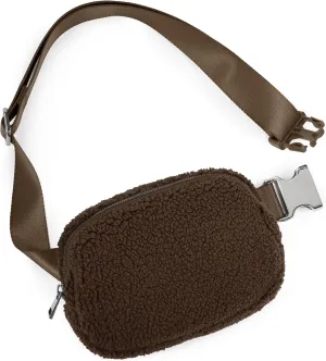 ODODOS Fleece Mini Belt Bag with Adjustable Strap, Sherpa Small Waist Pouch Fanny Pack for Workout Running Traveling Hiking, Brown