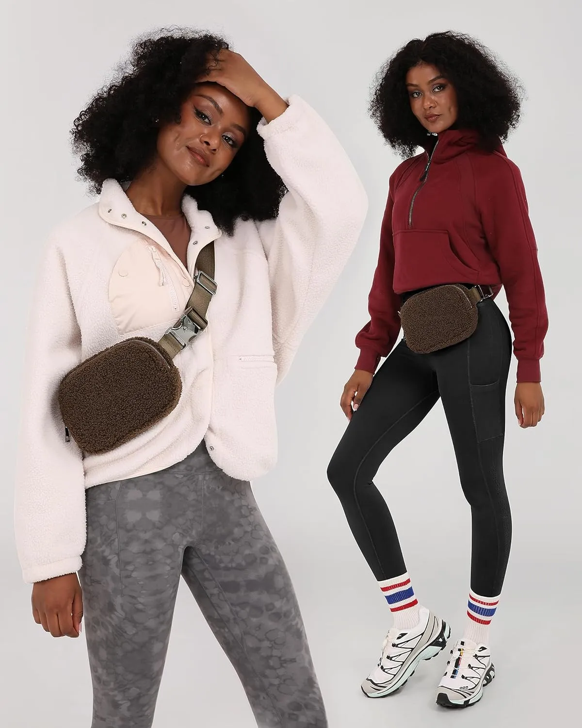 ODODOS Fleece Mini Belt Bag with Adjustable Strap, Sherpa Small Waist Pouch Fanny Pack for Workout Running Traveling Hiking, Brown