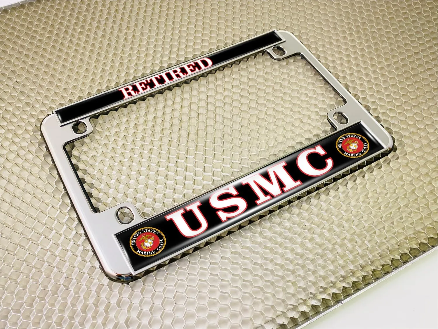 [Officially Licensed US Marine Corps Product] - Motorcycle Domed Custom-Made Personalized Metal License Plate Frame Frame with USMC Retired Design - Chrome