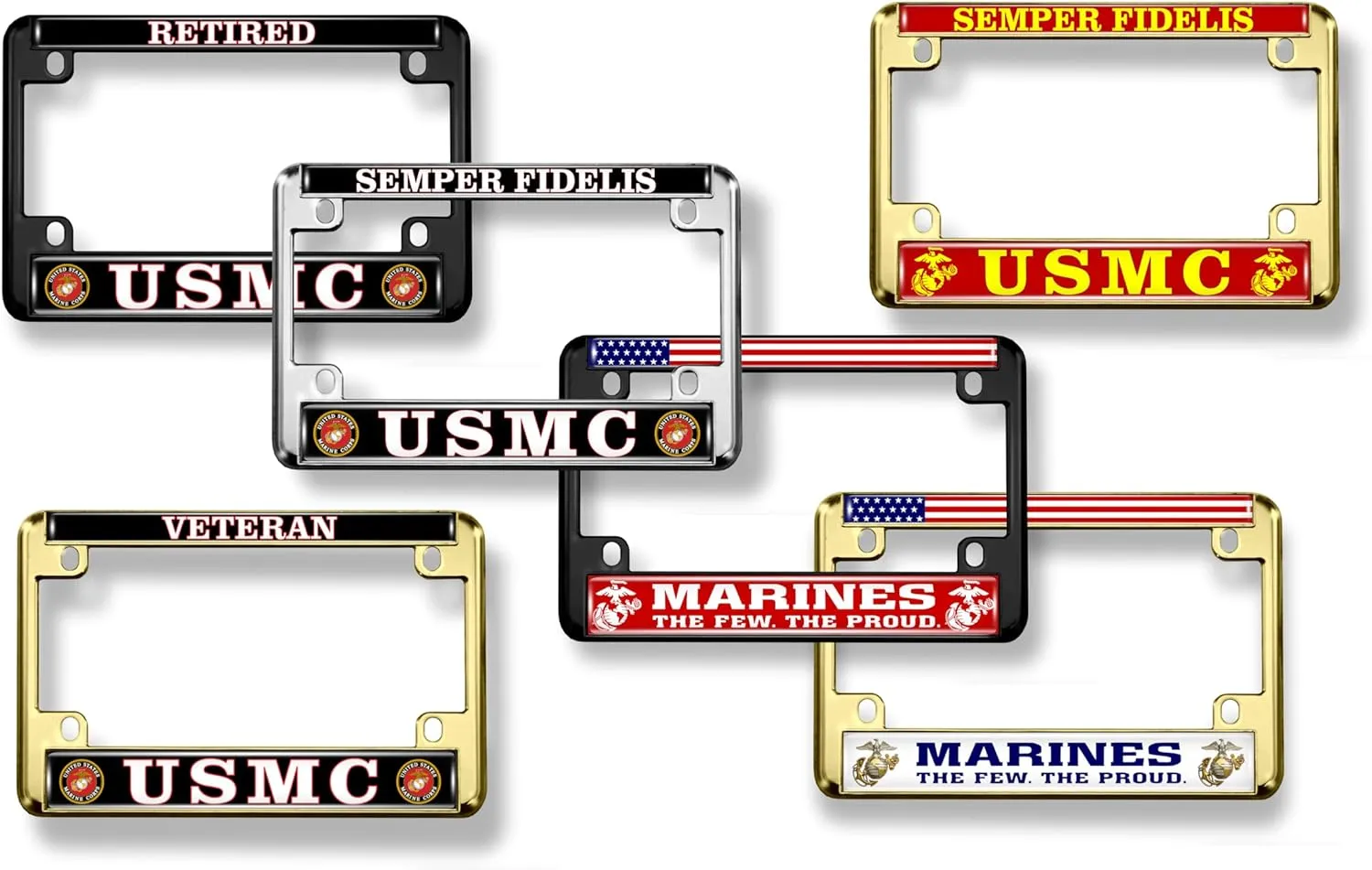 [Officially Licensed US Marine Corps Product] - Motorcycle Domed Custom-Made Personalized Metal License Plate Frame Frame with USMC Retired Design - Chrome