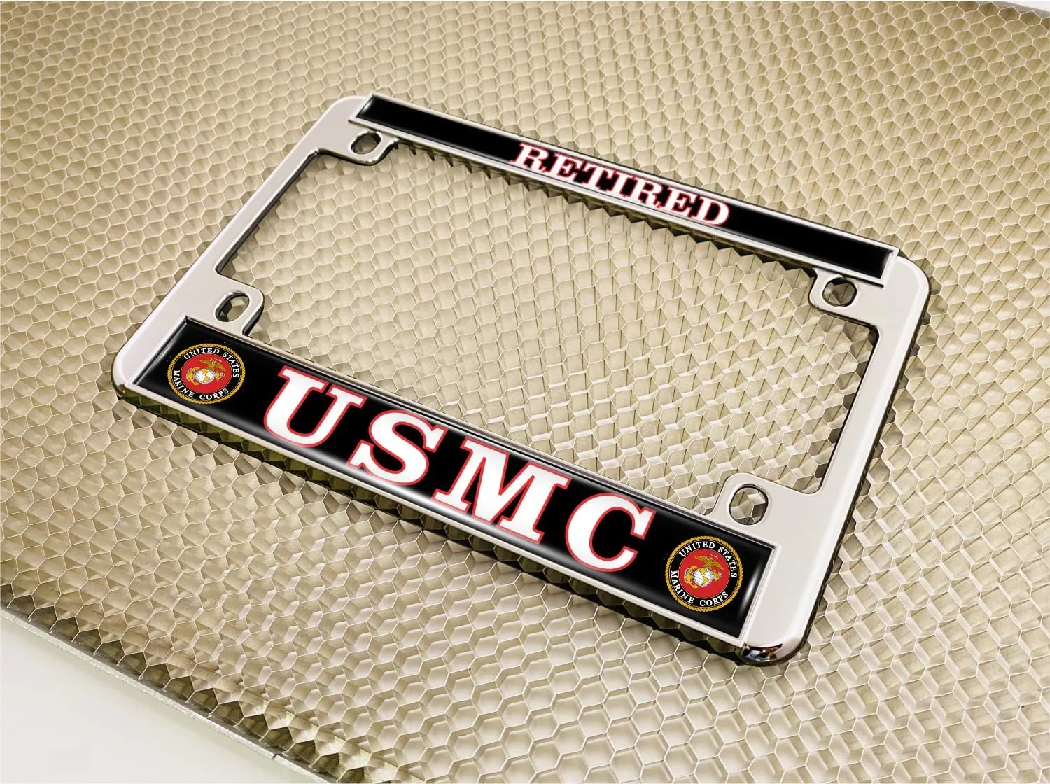 [Officially Licensed US Marine Corps Product] - Motorcycle Domed Custom-Made Personalized Metal License Plate Frame Frame with USMC Retired Design - Chrome