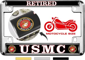 [Officially Licensed US Marine Corps Product] - Motorcycle Domed Custom-Made Personalized Metal License Plate Frame Frame with USMC Retired Design - Chrome