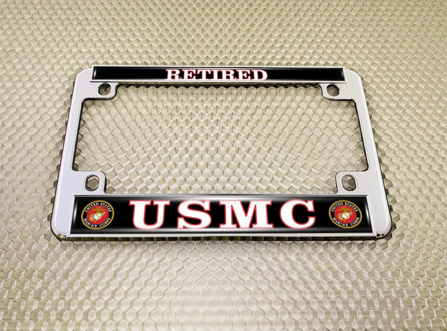 [Officially Licensed US Marine Corps Product] - Motorcycle Domed Custom-Made Personalized Metal License Plate Frame Frame with USMC Retired Design - Chrome