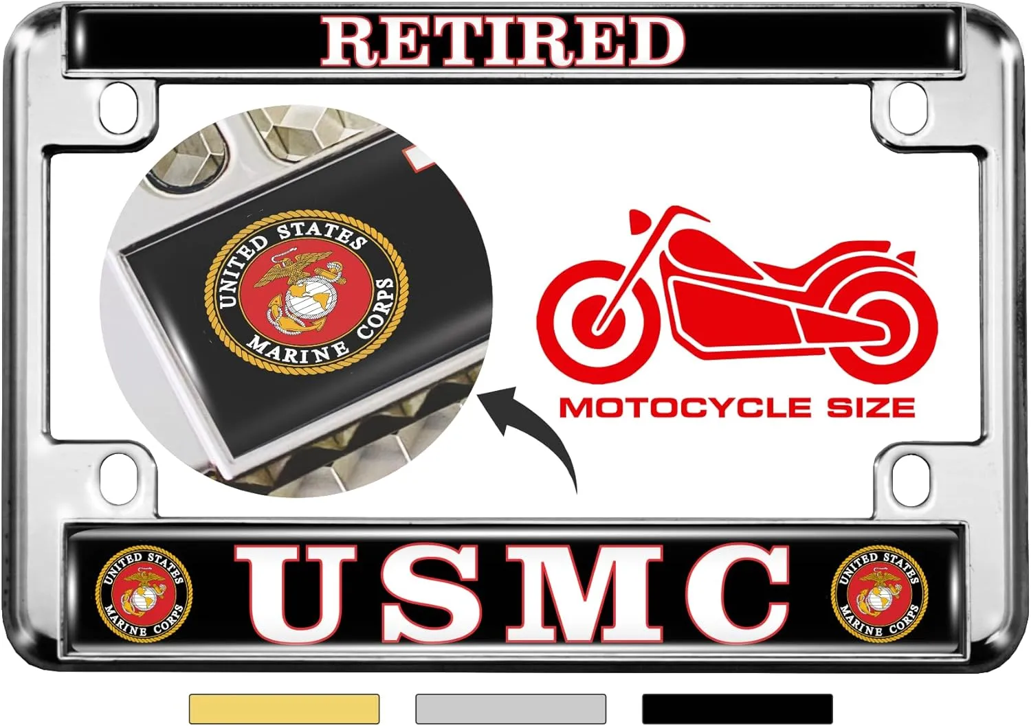 [Officially Licensed US Marine Corps Product] - Motorcycle Domed Custom-Made Personalized Metal License Plate Frame Frame with USMC Retired Design - Chrome