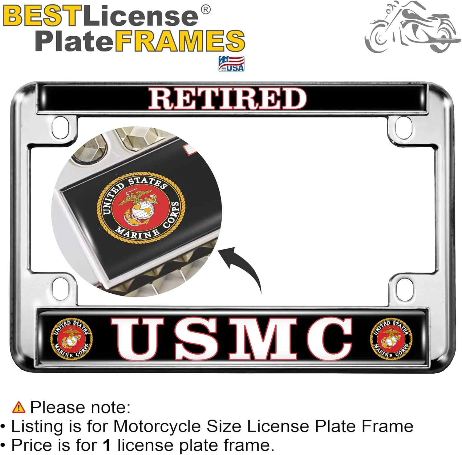 [Officially Licensed US Marine Corps Product] - Motorcycle Domed Custom-Made Personalized Metal License Plate Frame Frame with USMC Retired Design - Chrome