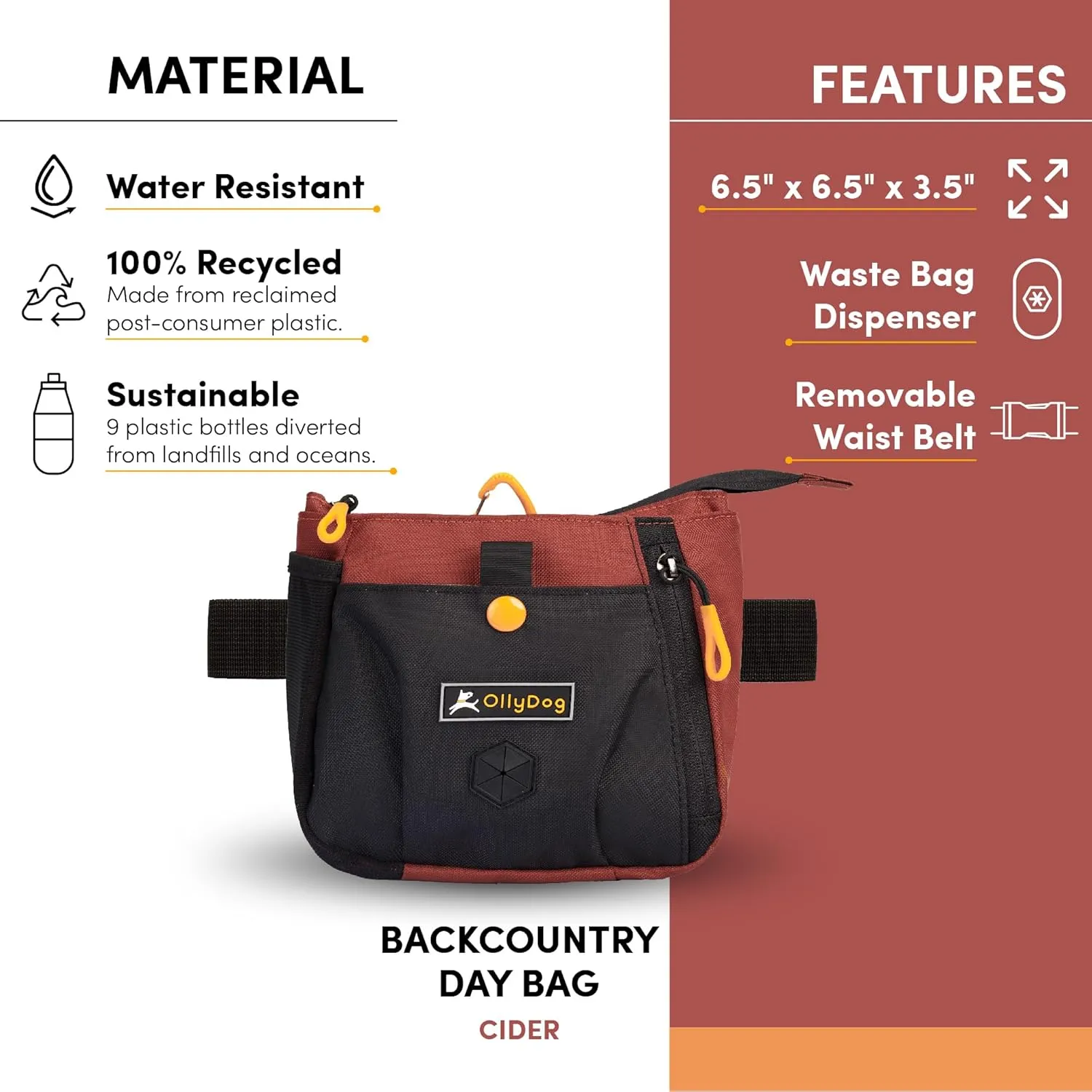 OllyDog Backcountry Day Bag | Hands-Free Dog Training Treat Pouch | Fanny/Hip Pack with Zipper Closure & Built-in Poop Bag Dispenser | Removable Waist Clip (Cider)