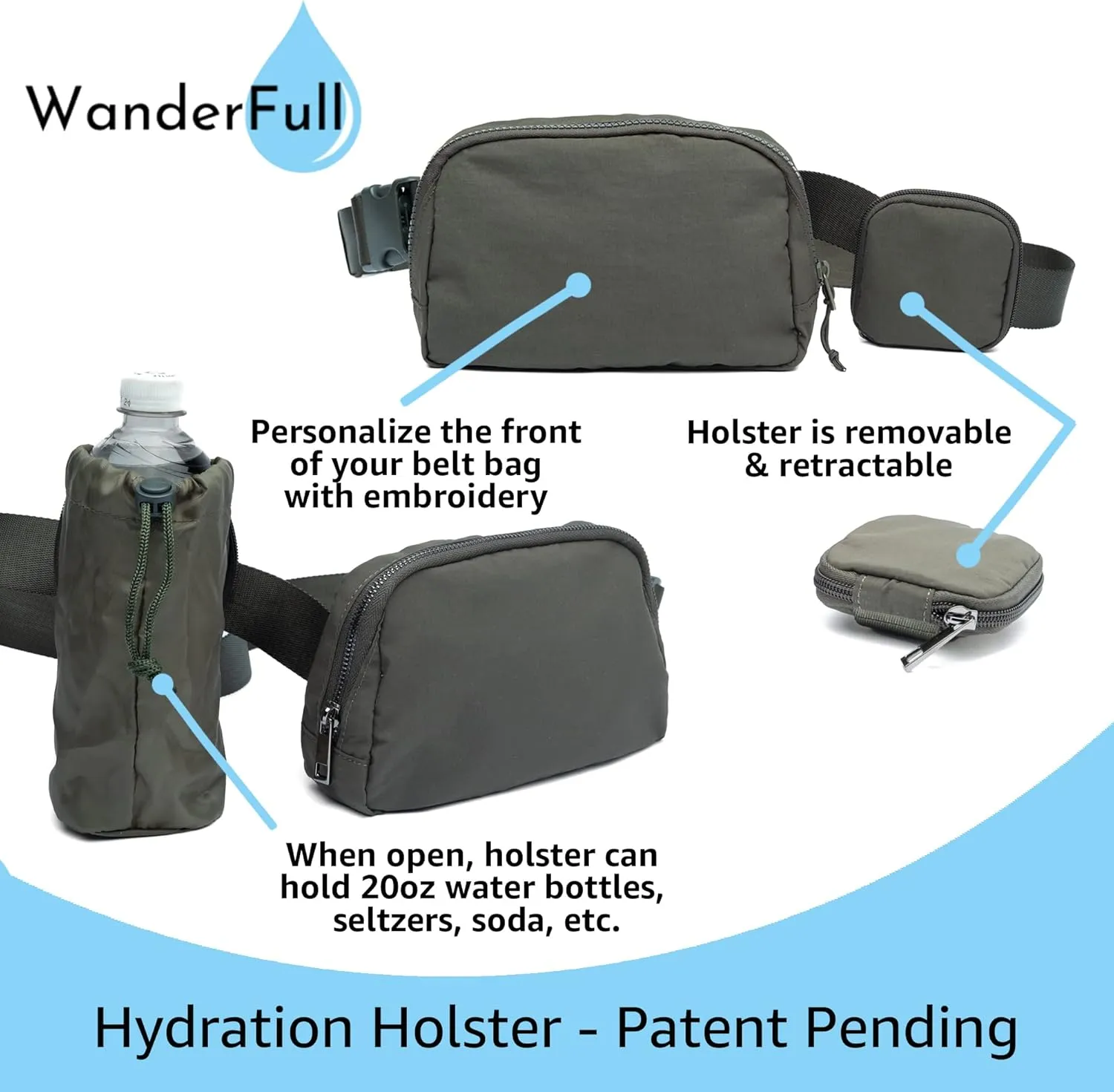 Original Crossbody HydroBeltbag | Fanny Pack with Removable Water Bottle Holder | Adjustable Waist Bag for Carrying Your Purse, Phone, Accessories w/Tumbler Holder (Army Green)