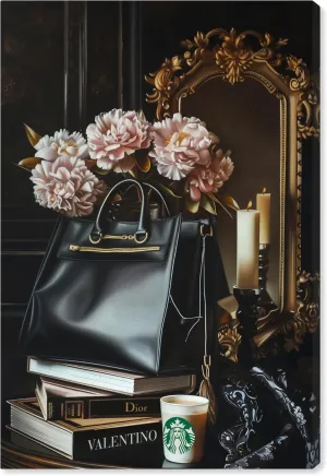 Ornate Purse and Books Canvas Fashion Illustration, Gallery Wrapped, 24" x 36"