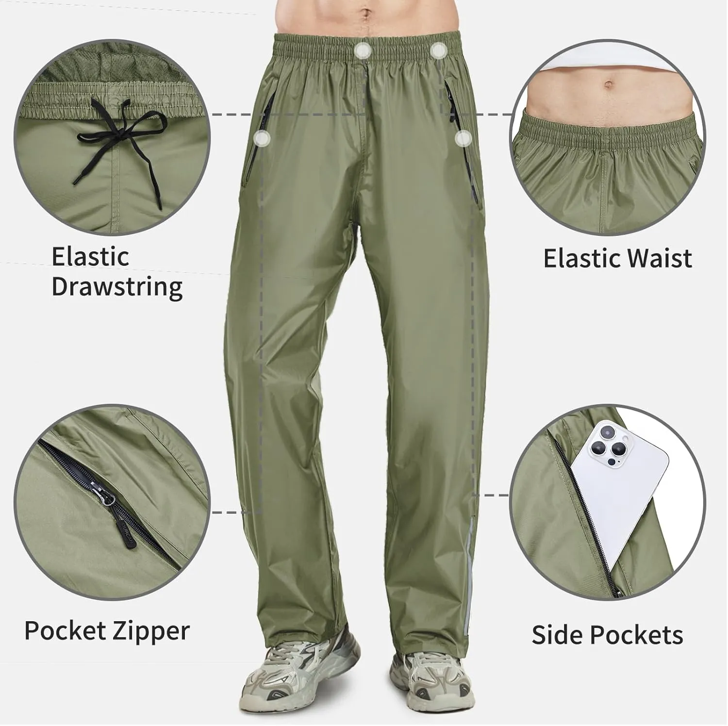 OURCAN Men's Rain Pants Waterproof Windproof Pants Breathable Lightweight Suitable for Rainy Outdoors, Hiking, Golf, Fishing