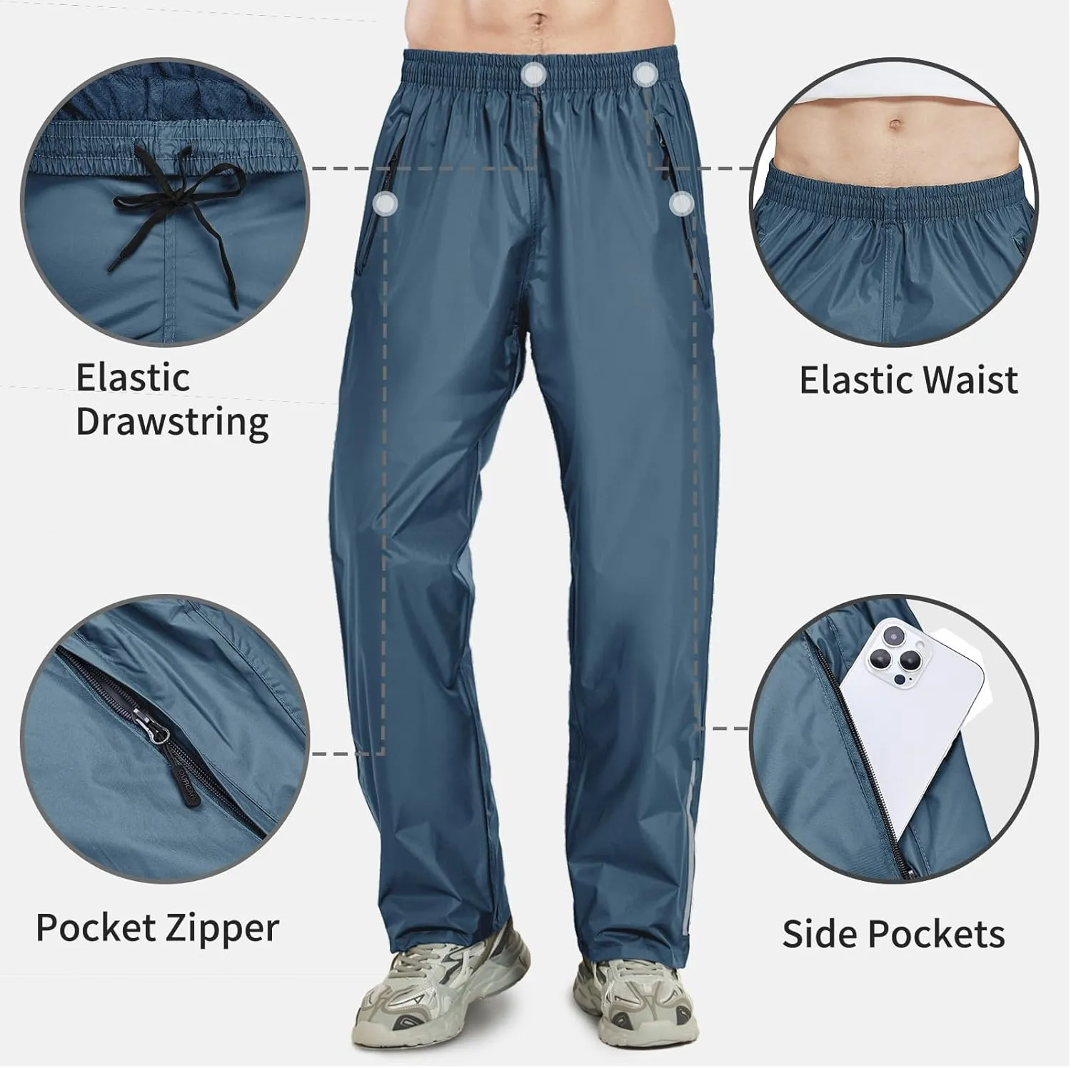OURCAN Men's Rain Pants Waterproof Windproof Pants Breathable Lightweight Suitable for Rainy Outdoors, Hiking, Golf, Fishing
