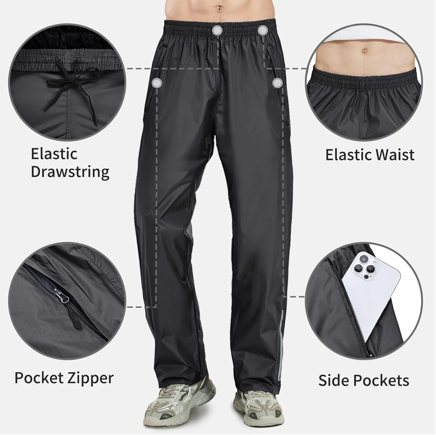 OURCAN Men's Rain Pants Waterproof Windproof Pants Breathable Lightweight Suitable for Rainy Outdoors, Hiking, Golf, Fishing