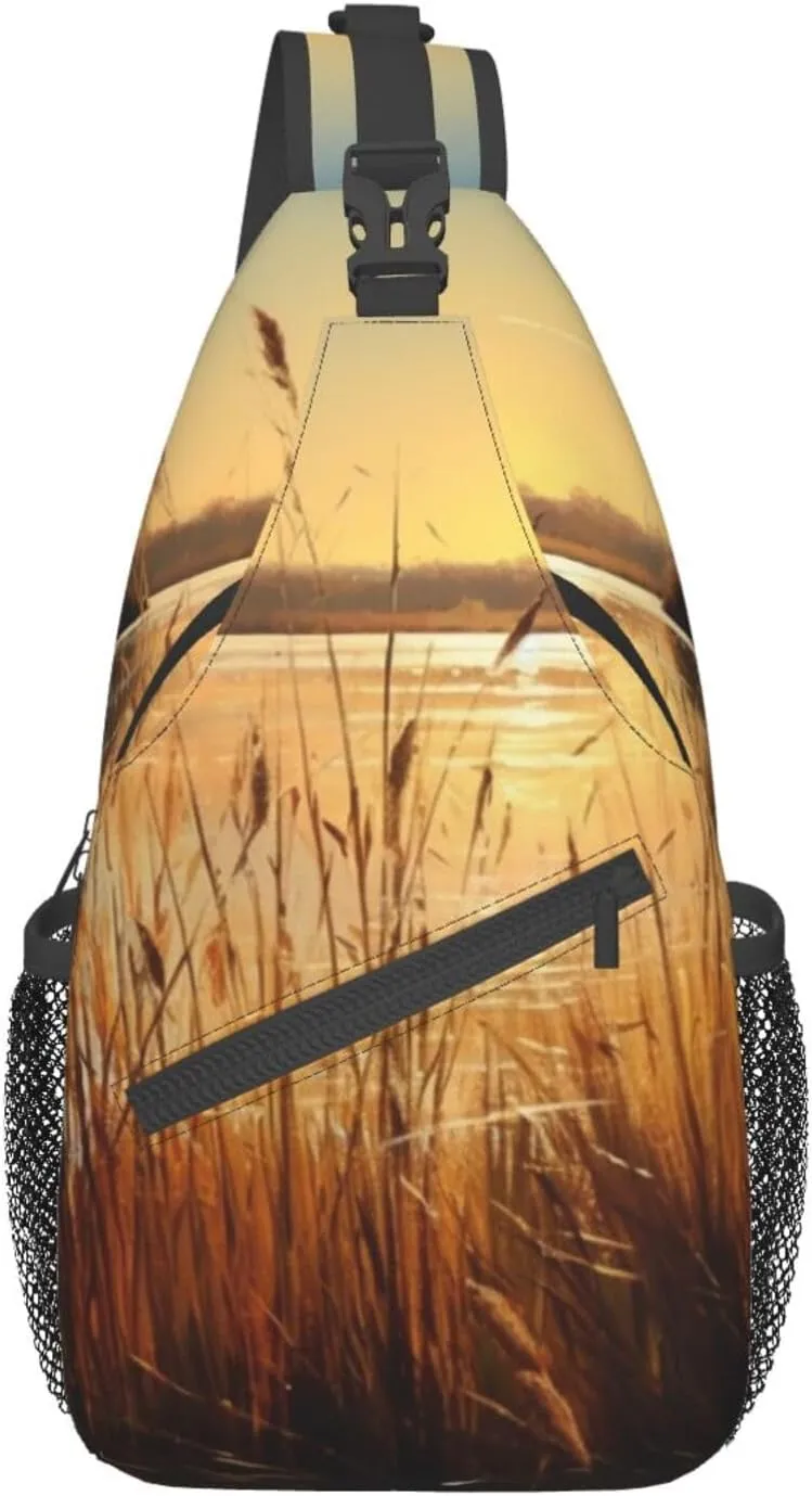 OUSIKA Reeds By The River Sling Bag Lightweight Chest Bag Crossbody Bag Shoulder Bag Sports Backpack For Women Men, Black, One Size