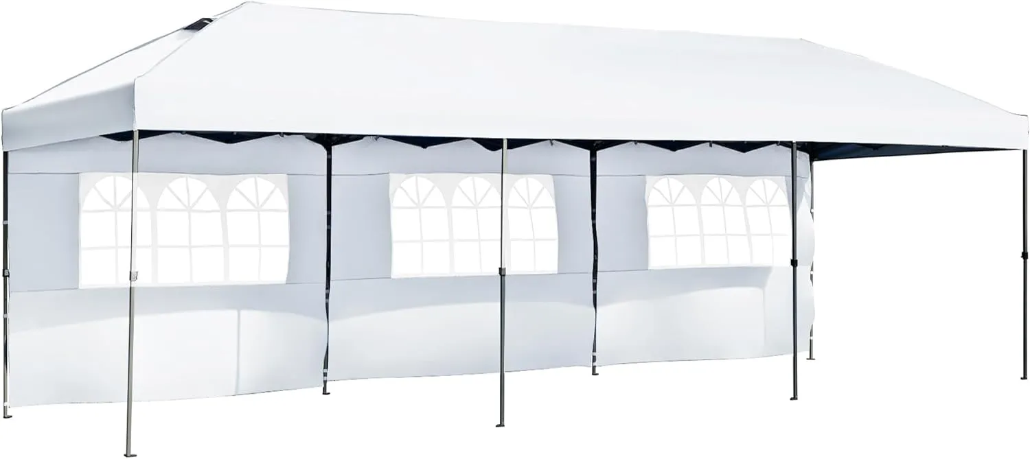 Outdoor Pop Up Canopy Tent, 10x30 ft, Heavy Duty with Sidewalls, Blue, 3 Height Adjustable, Includes Wheeled Bag (White)