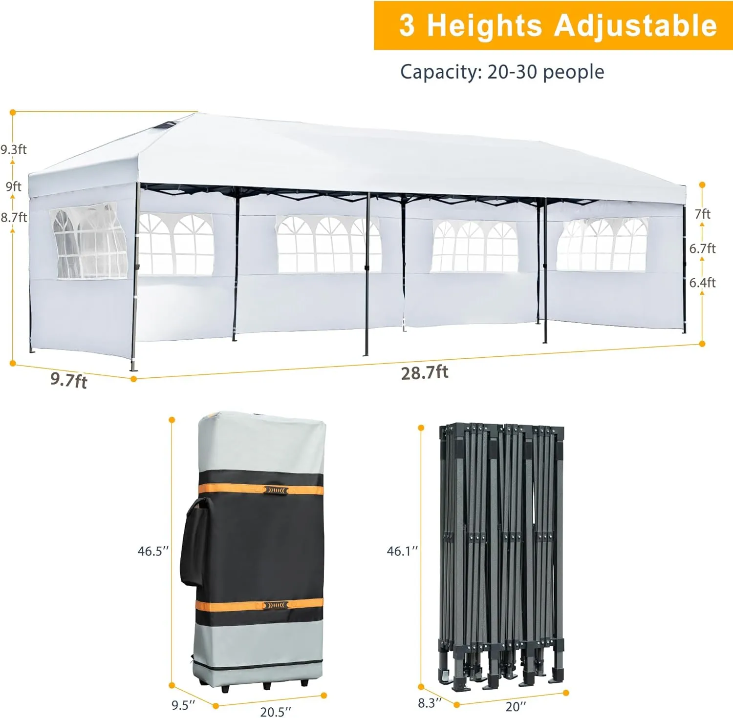 Outdoor Pop Up Canopy Tent, 10x30 ft, Heavy Duty with Sidewalls, Blue, 3 Height Adjustable, Includes Wheeled Bag (White)
