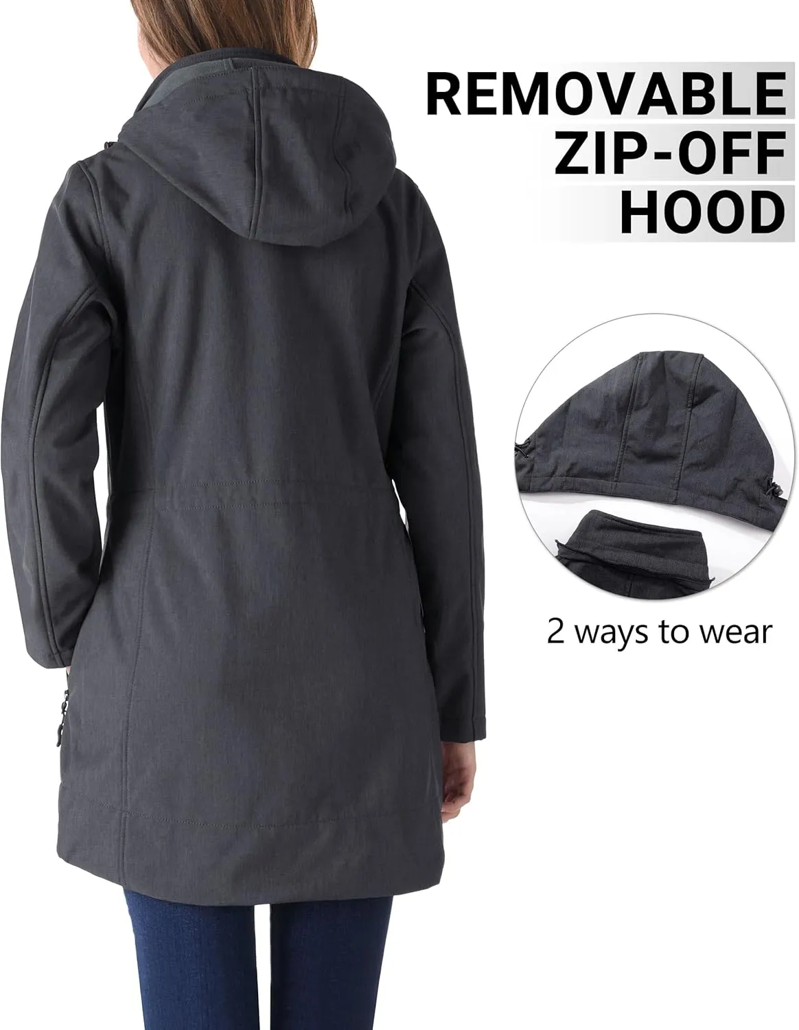 Outdoor Ventures Women's Softshell Jacket with Removable Hood Fleece Lined Windbreaker Insulated Long Warm Rain Jacket