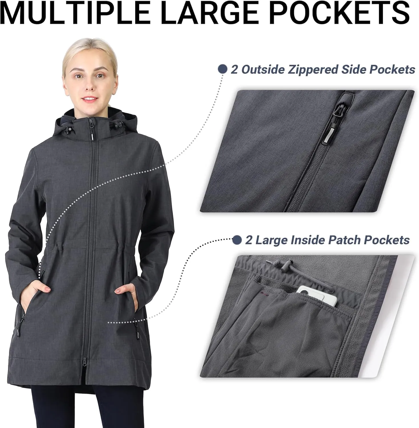 Outdoor Ventures Women's Softshell Jacket with Removable Hood Fleece Lined Windbreaker Insulated Long Warm Rain Jacket