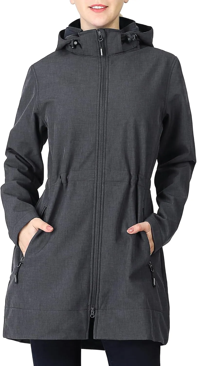 Outdoor Ventures Women's Softshell Jacket with Removable Hood Fleece Lined Windbreaker Insulated Long Warm Rain Jacket