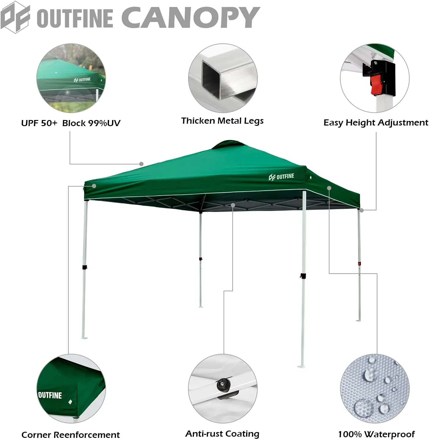 OUTFINE Pop-up Canopy 10x10 Patio Tent Instant Gazebo With Wheeled Bag, Sandbags x4, Tent Stakes x8 (Green, 10 * 10FT)