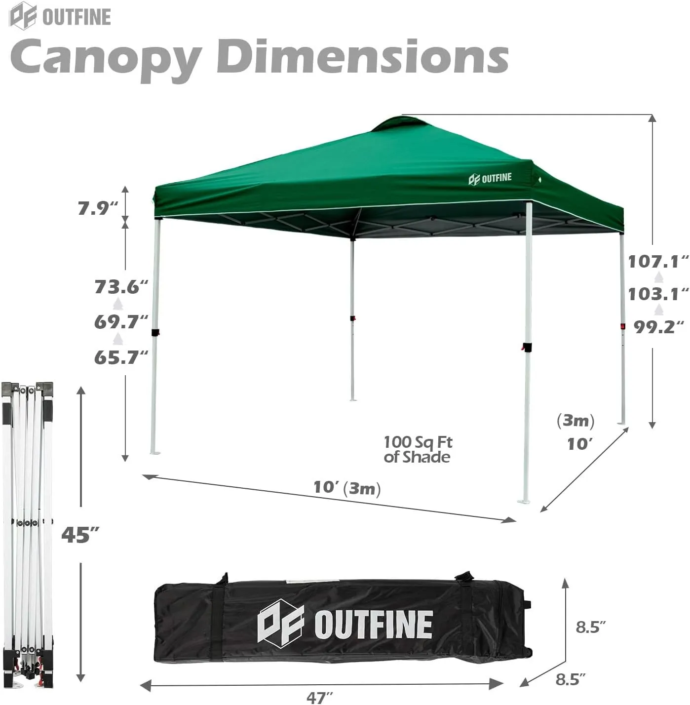 OUTFINE Pop-up Canopy 10x10 Patio Tent Instant Gazebo With Wheeled Bag, Sandbags x4, Tent Stakes x8 (Green, 10 * 10FT)
