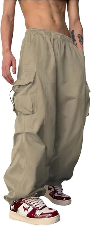 OYOANGLE Men's Baggy Cargo Pants Elastic Drawstring Waist Flap Pocket Y2K Hip Hop Trousers