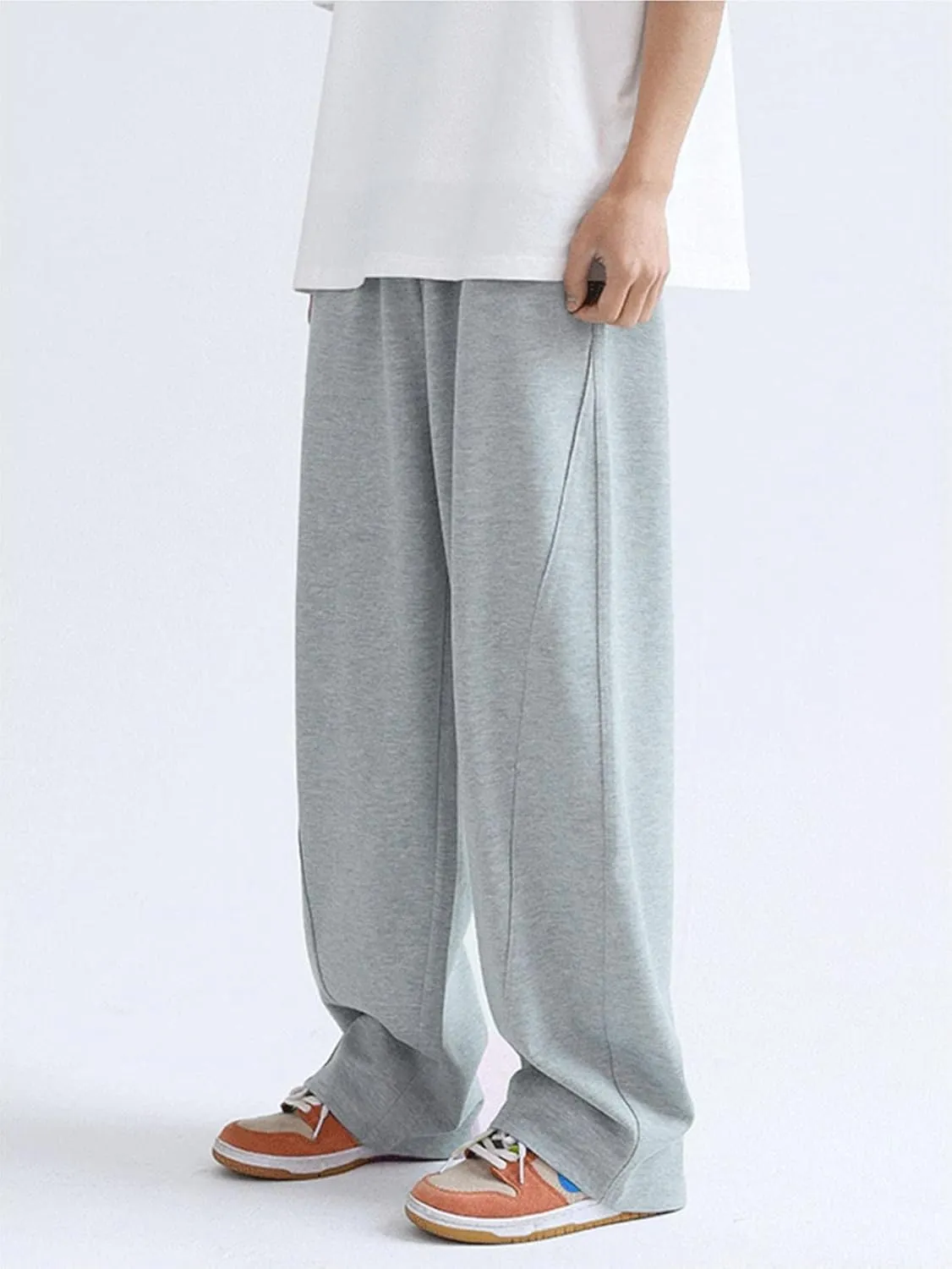 OYOANGLE Men's Drawstring Elastic Waist Baggy Sweatpants Y2K Loose Wide Leg Long Pants with Pocket