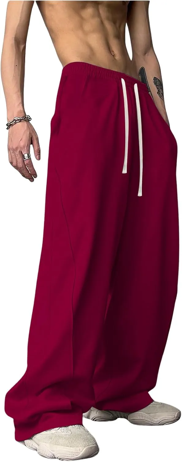 OYOANGLE Men's Drawstring Elastic Waist Baggy Sweatpants Y2K Loose Wide Leg Long Pants with Pocket