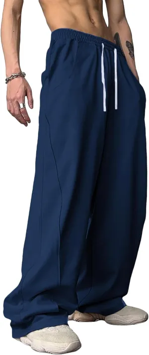 OYOANGLE Men's Drawstring Elastic Waist Baggy Sweatpants Y2K Loose Wide Leg Long Pants with Pocket