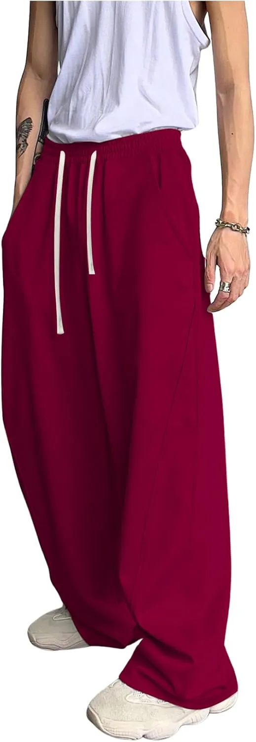 OYOANGLE Men's Drawstring Elastic Waist Baggy Sweatpants Y2K Loose Wide Leg Long Pants with Pocket
