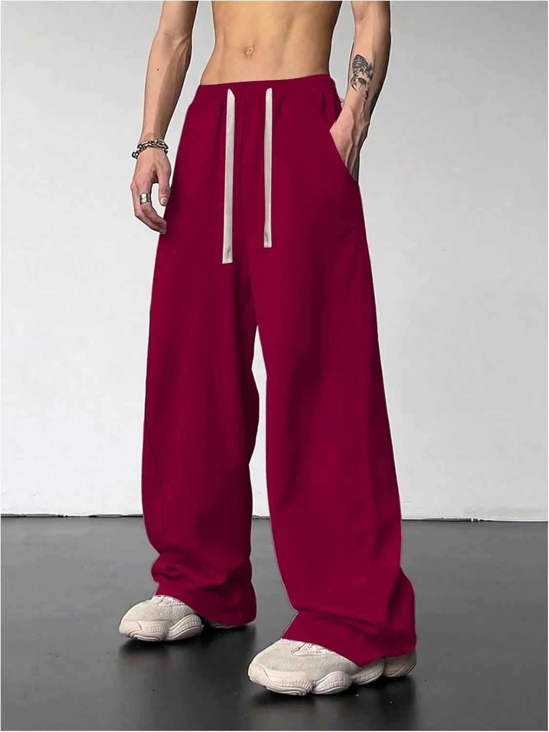 OYOANGLE Men's Drawstring Elastic Waist Baggy Sweatpants Y2K Loose Wide Leg Long Pants with Pocket