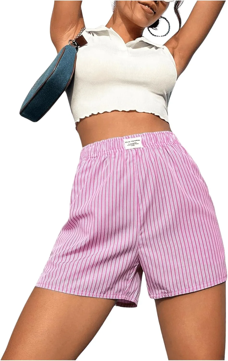 OYOANGLE Women's Summer Casual Striped Print Elastic Waist Mid Rise Straight Leg Shorts