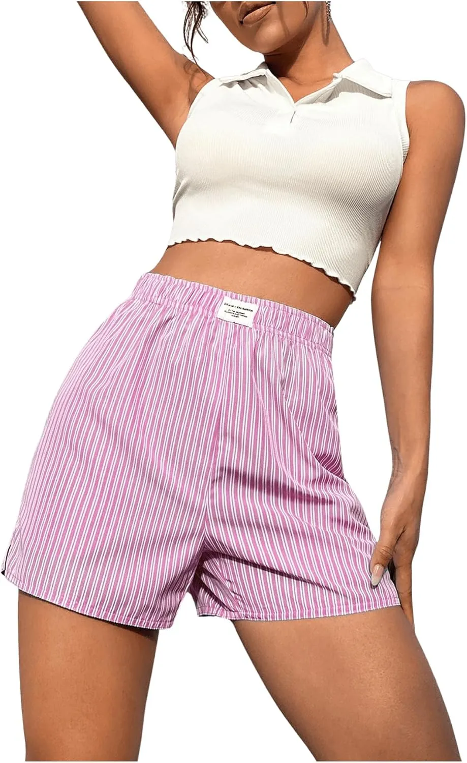 OYOANGLE Women's Summer Casual Striped Print Elastic Waist Mid Rise Straight Leg Shorts