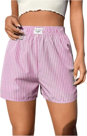 OYOANGLE Women's Summer Casual Striped Print Elastic Waist Mid Rise Straight Leg Shorts