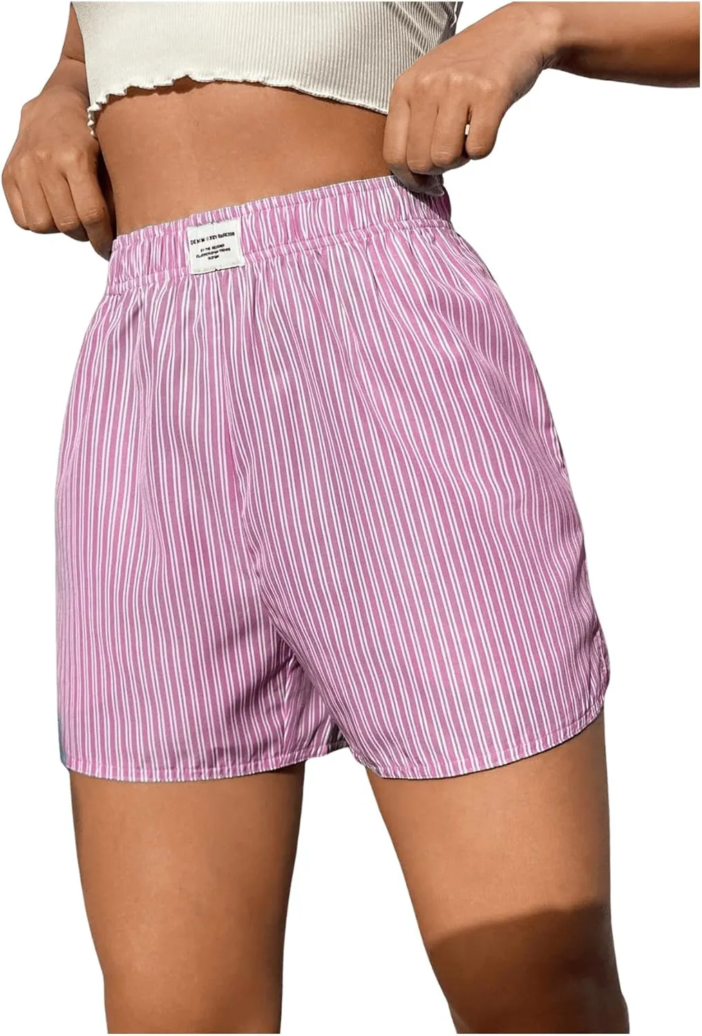 OYOANGLE Women's Summer Casual Striped Print Elastic Waist Mid Rise Straight Leg Shorts