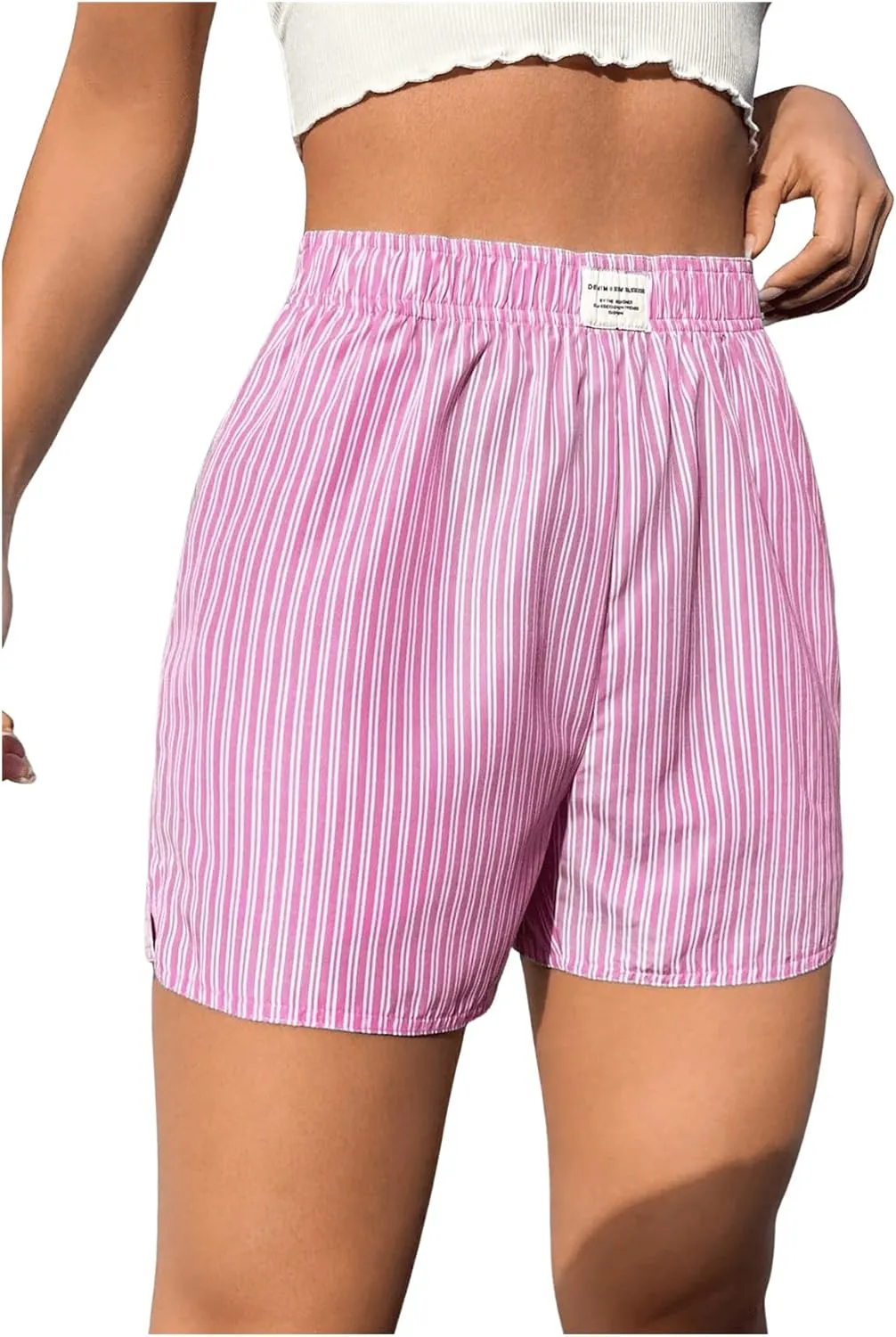 OYOANGLE Women's Summer Casual Striped Print Elastic Waist Mid Rise Straight Leg Shorts