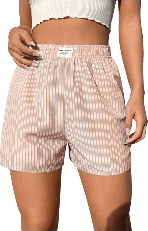 OYOANGLE Women's Summer Casual Striped Print Elastic Waist Mid Rise Straight Leg Shorts