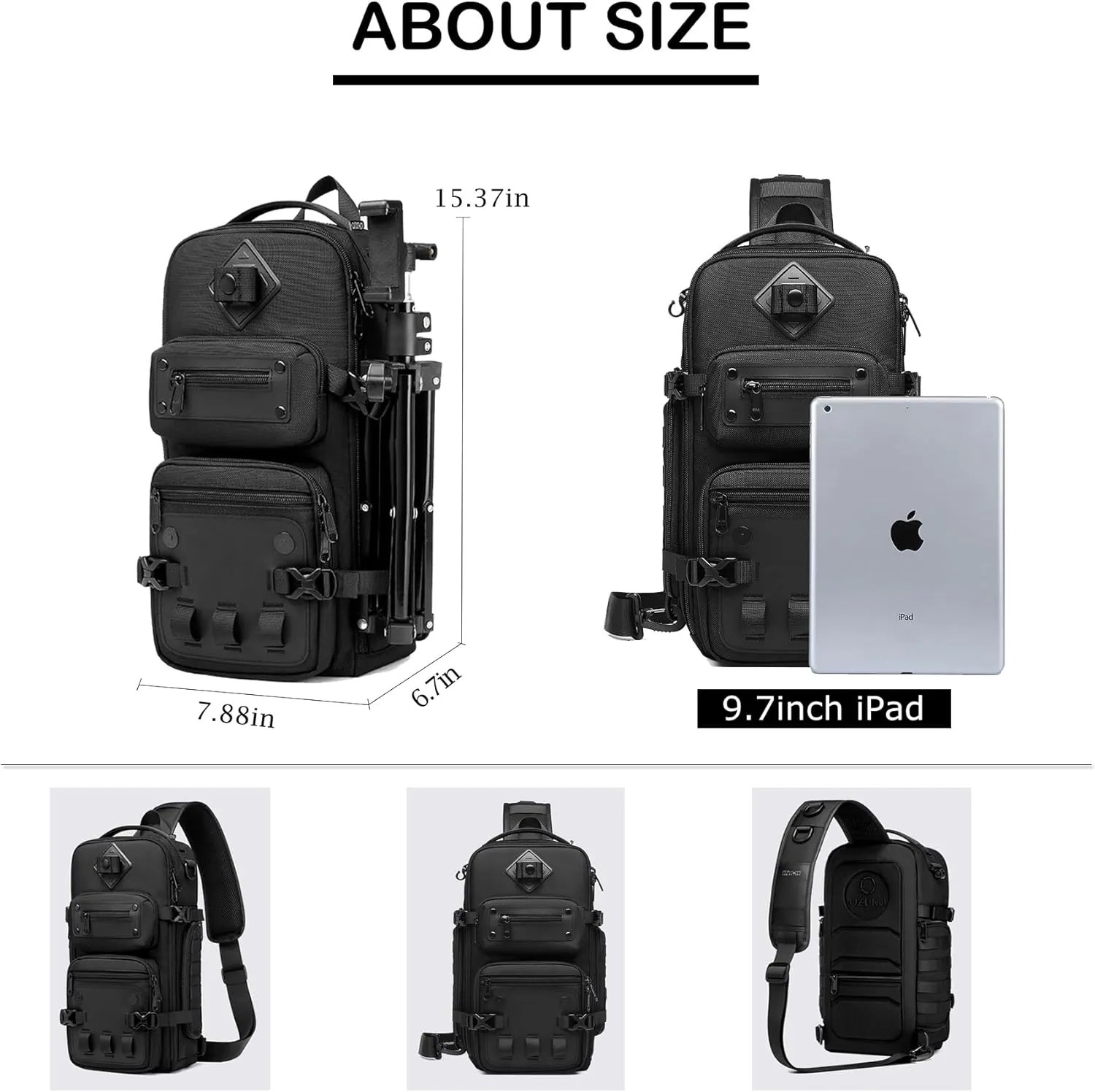 OZUKO Multipurpose Sling Bag for Men, Large Capacity Crossbody Shoulder Bag Waterproof Sling Chest Backpack with Tripod Holder Fit for Outdoor Travel Photography (Black)