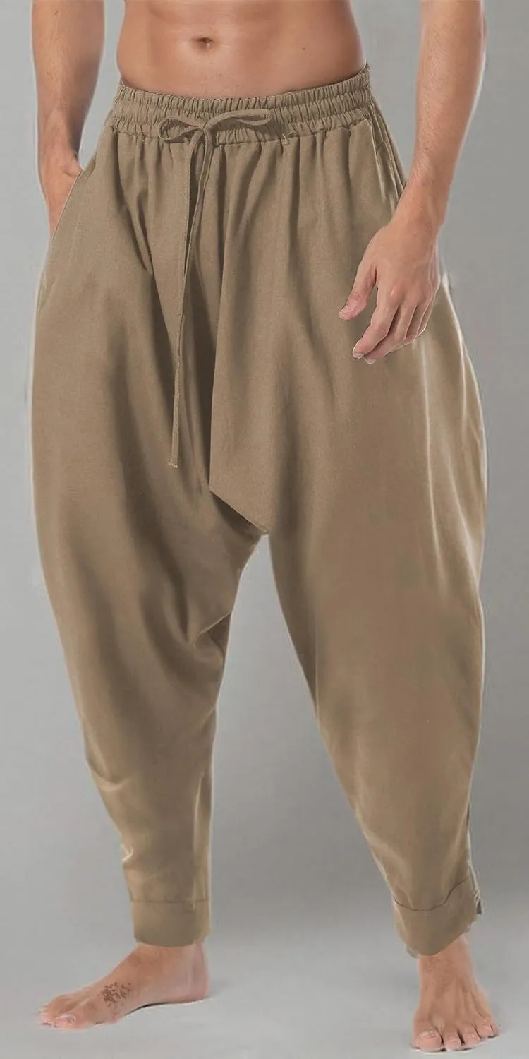 PACEIADTA Mens Casual Harem Pants Baggy Aladdin Hippie Elastic Waist Drop Crotch Trousers