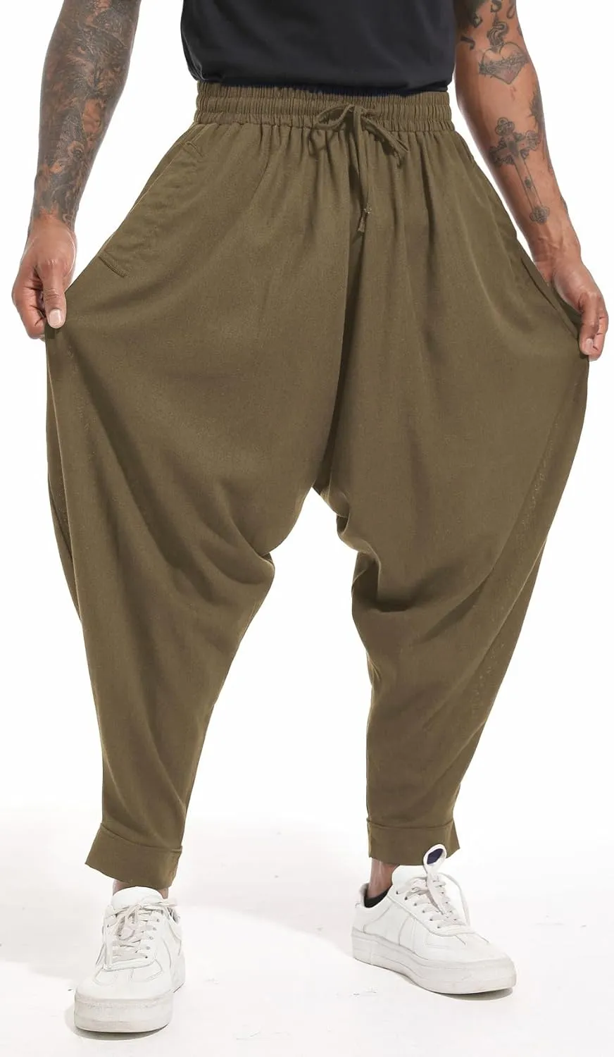 PACEIADTA Mens Casual Harem Pants Baggy Aladdin Hippie Elastic Waist Drop Crotch Trousers