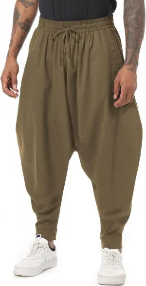 PACEIADTA Mens Casual Harem Pants Baggy Aladdin Hippie Elastic Waist Drop Crotch Trousers