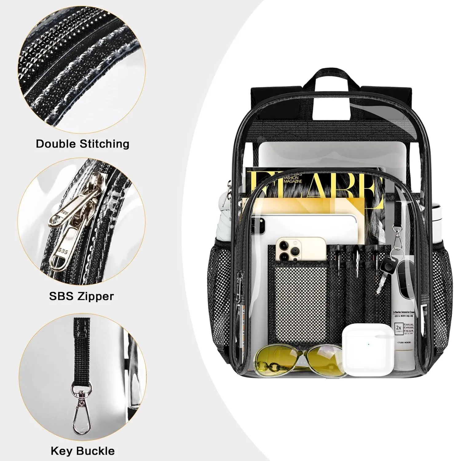 PAMANO Clear Backpack, Heavy Duty Transparent Backpack with Reinforced Bottom See Through for College, Travel, Workplace Security, Black