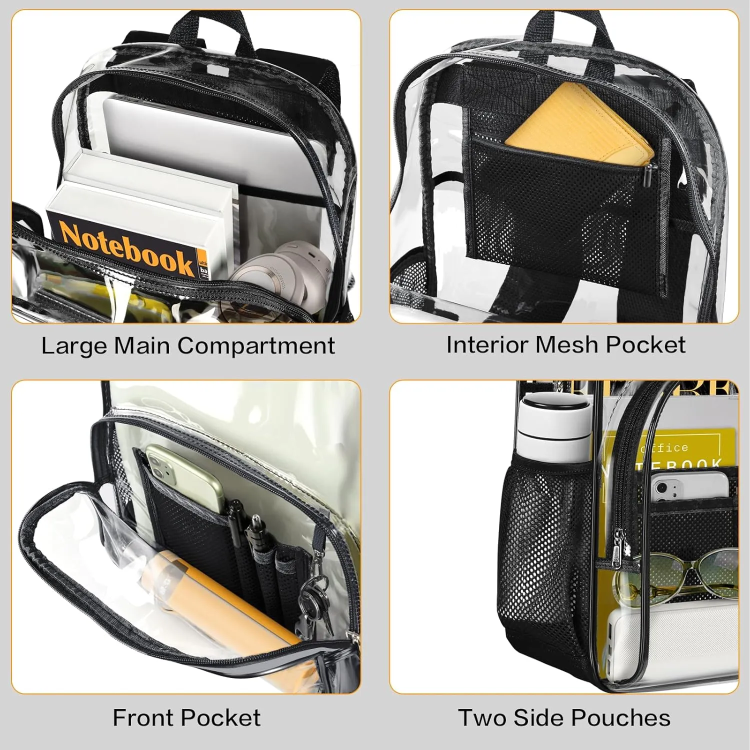 PAMANO Clear Backpack, Heavy Duty Transparent Backpack with Reinforced Bottom See Through for College, Travel, Workplace Security, Black