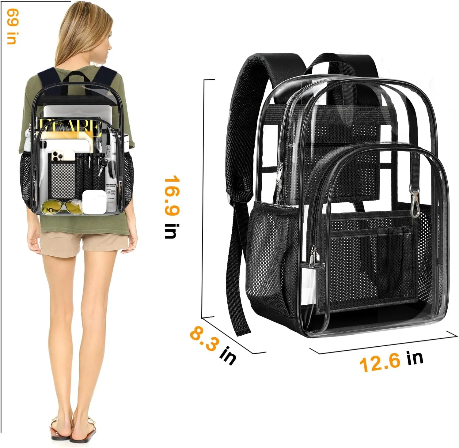 PAMANO Clear Backpack, Heavy Duty Transparent Backpack with Reinforced Bottom See Through for College, Travel, Workplace Security, Black