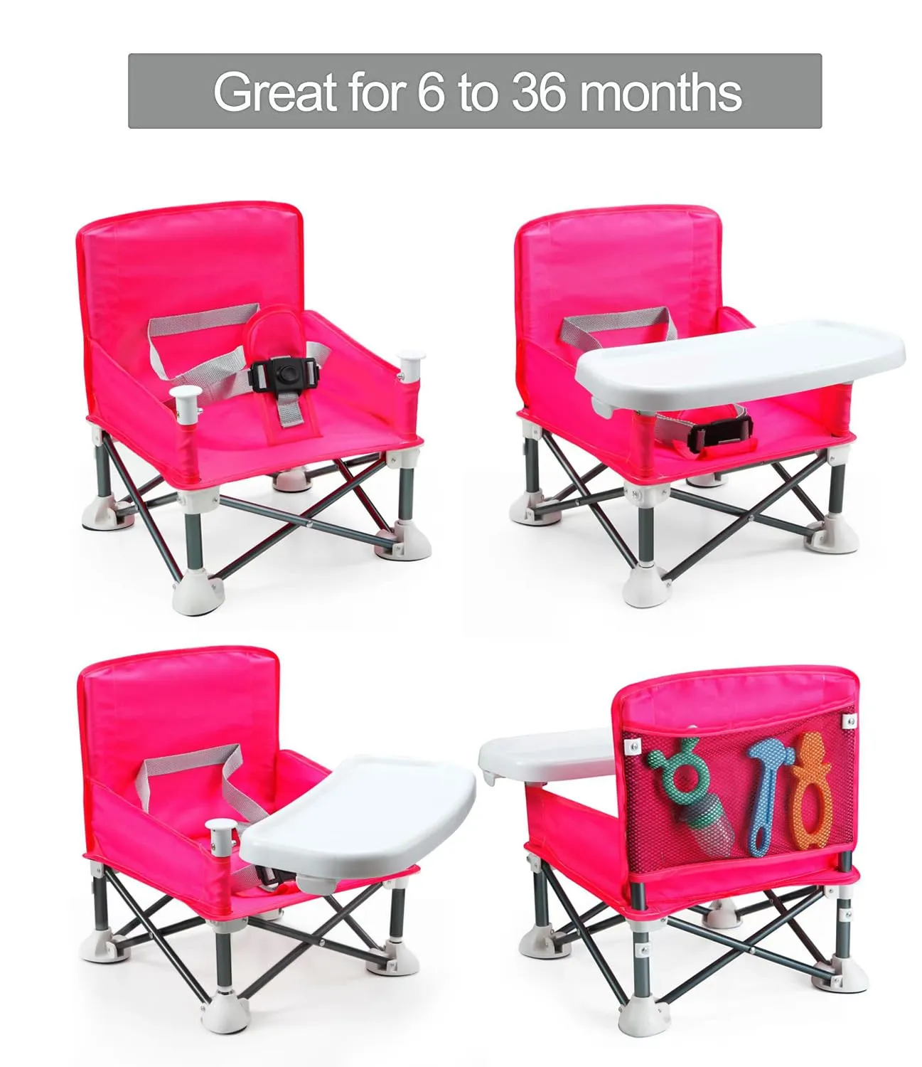 PandaEar Portable Travel Booster Seat with Tray| Folding Baby Seat Booster High Chair for Dining Table| Compact Camping Chair for Lawn, Beach Indoor/Outdoor Use| Toddlers, Kids (Pink)